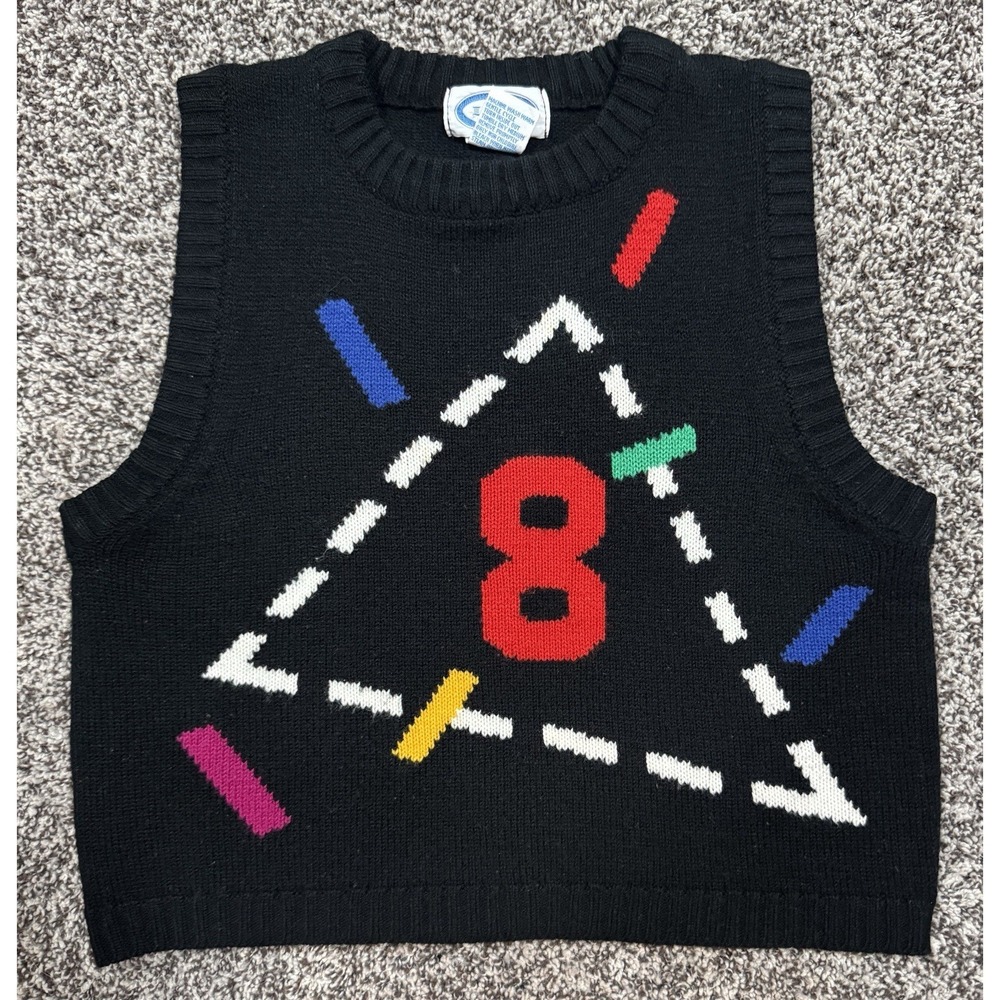 Vintage IZOD‎ Boys Sweater Vest Geometric Size M Black Graphic 80s 90s Preppy